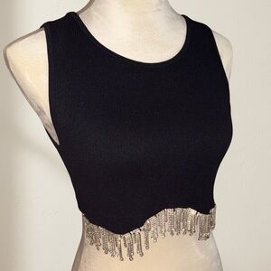 Sincerely Jules Rhinestone Fringe Ribbed Crop Top Black XL (Fits Medium)